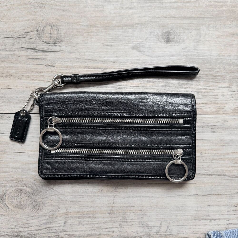 Coach Poppy Black Leather Double Zip Wristlet Wallet ID Card Holder Y2K